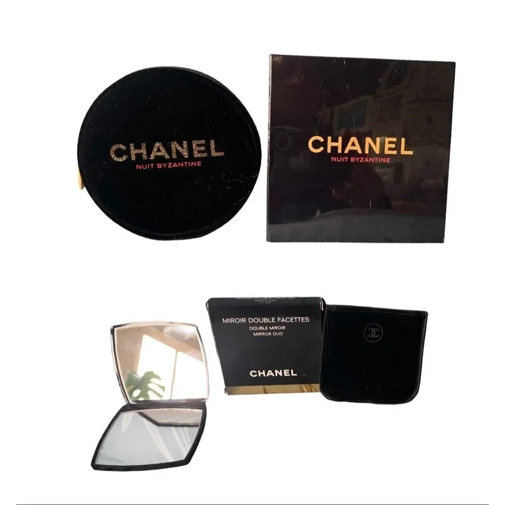 NEW in BOX CHANEL DOUBLE compact MIRROR & Velour Cosmetic Makeup Bag SET LOT